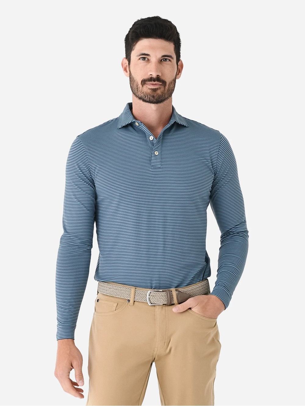 Peter Millar Blue Striped Long Sleeve Polo